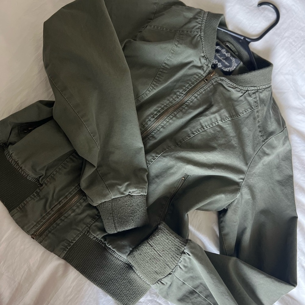 Ambiance Green Bomber Jacket with Stand-Up Collar